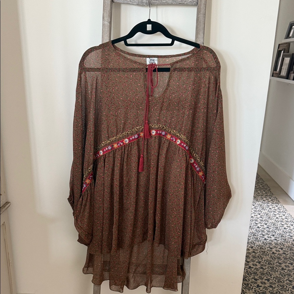 Ivy Jane Floral Brown Tunic with Red and Leopard Velvet Trim
